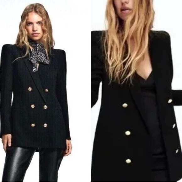 ZARA Runaway Shoulder Padded Double Breasted Accent Gold Black Blazet Sz S - Picture 3 of 8